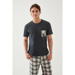 Erkek Pamuklu Üst Füme Göğüs Cepli Kısa Kollu Pijama Takımı
