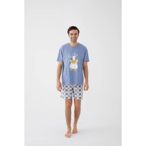 Koza İç Giyim Erkek Kısa Kollu Pamuklu Ekose Desenli Ördek Baskılı Şortlu Pijama Takımı