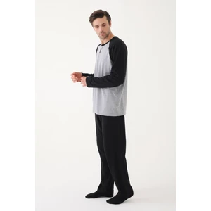 Erkek Pamuklu Siyah - Gri Uzun Kollu Cepli Pijama Takımı
