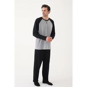 Erkek Pamuklu Siyah - Gri Uzun Kollu Cepli Pijama Takımı