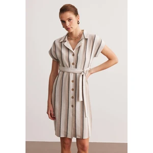 Bej Düşük Kol Etamin Gömlek Elbise