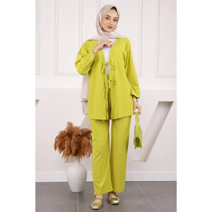 İmaj Butik Yağ Yeşili Ön Bağlamalı Bürümcük Kimono Pantolonlu Takım