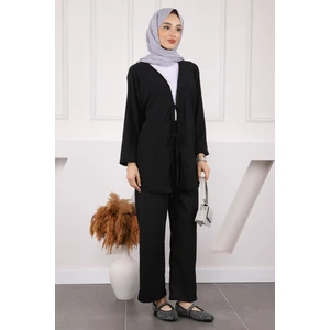 İmaj Butik Siyah Ön Bağlamalı Bürümcük Kimono Pantolonlu Takım