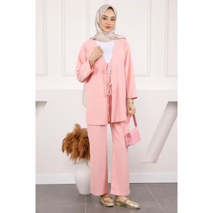 İmaj Butik Pudra Ön Bağlamalı Bürümcük Kimono Pantolonlu Takım