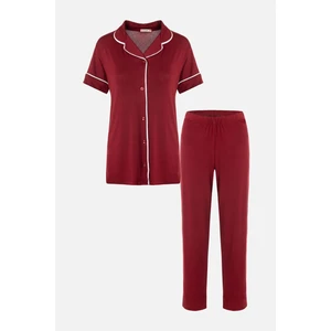 Kadın Kısa Kollu Viskon - Yumuşak Dokulu Düğmeli Biyeli Bol Paça Pijama Takımı