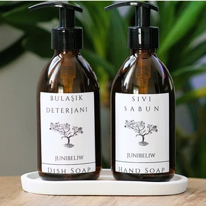 JUNİBELİW 3lü Set Beyaz Etiket Amber Cam Şişe BOŞ Bulaşık Deterjanlık Sıvı Sabunluk 2X250ML+ Beyaz Altlık