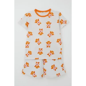 Kız Çocuk Şortlu Pijama Takımı Kalpli Bebek Ayıcık Desenli 4-8 Yaş, Beyaz