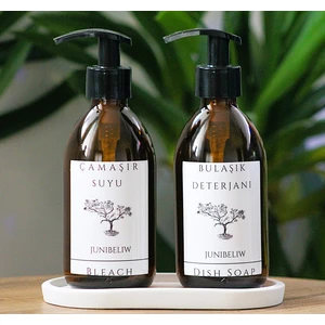 JUNİBELİW 3lü Set Beyaz Etiket Amber Cam Şişe Bulaşık Deterjanlık Çamaşır Suyu 2X250ML+ Beyaz Altlık
