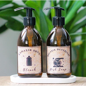 JUNİBELİW 3lü Set Vintage Serisi Amber Cam Şişe 2X250ML Bulaşık Deterjanı Çamaşır Suyu Etiketli+ Altlık