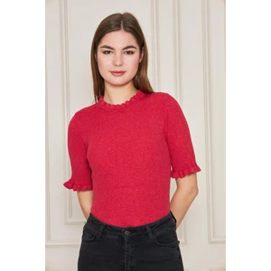 Kadın Fırfırlı Kısa Kollu Fitilli   Triko Bluz 1212