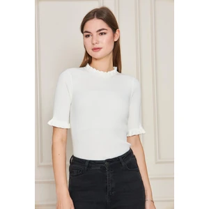 Kadın Fırfırlı Kısa Kollu Fitilli   Triko Bluz 1212