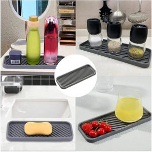 Gri Silikon Yağdanlık Yağlık Standı Altlık Çok Amaçlı Organizer Sunumluk Sabunluk Altlığı 23X10 cm