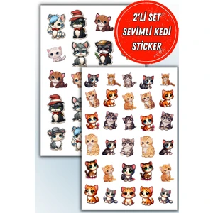 Sevimli Kedi Temalı 2'li Set Sticker Planner Ajanda Bullet Journal Için Uygun Set