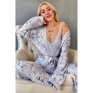 Gri Flore Exclusive Örme Sabahlıklı Kadın Pijama Takımı