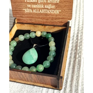 Özel Kutusunda Doğal Aventurin Taşı, Damla Formunda Kolye ve Bileklik Seti