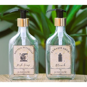 2li Set Vintage Gold Yassı Model Cam Boş Bulaşık Deterjanlık Çamaşır Suyu Etiketli 2X200ML