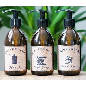 3lü Set Vintage Amber Cam Boş Şişe Bulaşık Deterjanlık Çamaşır Suyu Sıvı Sabun 3X250ML
