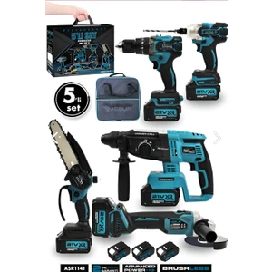 Assur 21V 2.0AH Kömürsüz Darbeli 5'li Set Şarjlı Hilti + Taşlama + Somun Sıkma + Akülü Vidalama + Budama Testeri