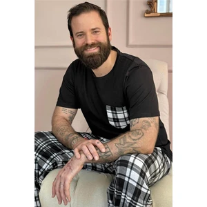 Siyah Füme Ekose Cep Detay Kısa Kollu Erkek Pijama Takımı