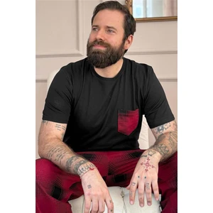 Bordo Siyah Ekose Cep Detay Kısa Kollu Erkek Pijama Takımı