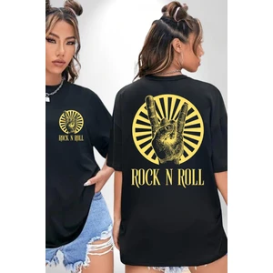 Rock N Roll Tasarım Kadın Erkek Ön Minimal Sırt Baskılı Siyah Pamuklu Tişört