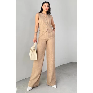 TKM-13266 Vizon Keten Silver Düğmeli Yelek Yüksek Bel Pantolon Ikili Takım