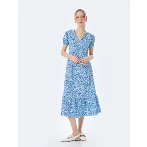 Balon Kollu V Yaka Büzgülü Volanlı Midi Elbise Bürümcük