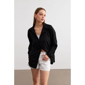 Kadın Siyah Oversize Uzun Krinkıl Gömlek