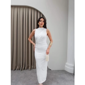 Drapeli Yırtmaçlı Midi Elbise