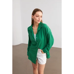 Kadın Yeşil Oversize Uzun Krinkıl Gömlek