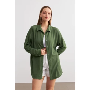 Kadın Haki Yeşil Oversize Uzun Krinkıl Gömlek