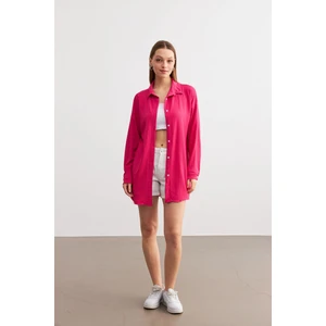 Kadın Fuşya Oversize Uzun Krinkıl Gömlek