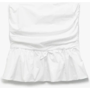 Straplez Yaka Volanlı Pamuklu Crop Bluz