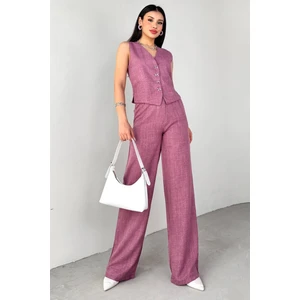 TKM-13266 Vizon Keten Silver Düğmeli Yelek Yüksek Bel Pantolon Ikili Takım