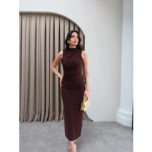 Drapeli Yırtmaçlı Midi Elbise