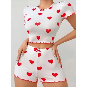 Kalp Desenli Kadın  Beyaz Gecelik, Kadın Iç Giyim Gecelik Şort Kısa Kollu Atlet.