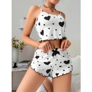 Siyah Kalp Desenli Pileli Atletli ve Şortlu Kadın Penye Gecelik, Kadın  Ev Giyim Pijama