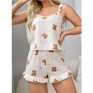 Pileli Ayıcık Desenli Kadın Rahat Gecelik Takım, Kadın Giyim Ev Pijama