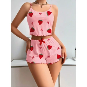 Çilek Desenli Fitilli Kadın Gecelik Takım, Bayan Ev Giyim Seti,