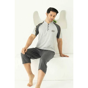 Erkek Gri Çizgili 3 Düğmeli Bisiklet Yaka Pamuk Kısa Kol Cepli Kapri Pijama Takımı