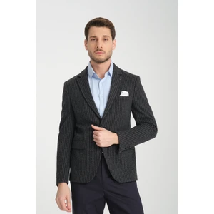 Sumano Erkek Koyu Lacivert Italyan Çizgili Kalın Esnek Kumaş Slim Fit Dar Kesim Blazer Ceket