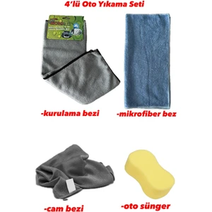 4'lü Mikrofiber Oto Yıkama Seti-Kurulama Bezi,mikrofiber Bez,cam Bezi,oto Sünger