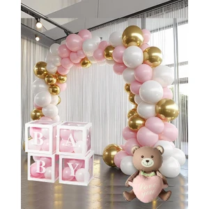 Krom Gold, Makaron Pembe ve Beyaz Balon Temalı Baby Shower Set; Baby Kutu Pembe Kalpli Ayıcık Folyo ve Balon Zincir Set