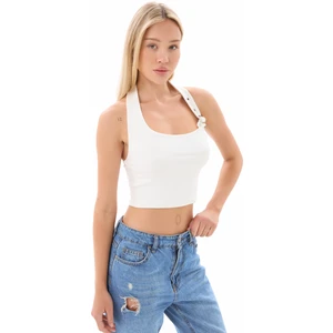 Kadın Beyaz Boyundan Bağlamalı Kemer Detaylı Bluz Ayarlanabilir Crop