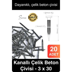 20 Adet 3X30 Kanallı Çelik Beton Çivisi 3 cm Duvar Saat Ayna Resim Tablo Asmak Ahşap Metal Sivri