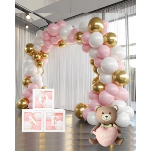 Krom Gold, Makaron Pembe ve Beyaz Balon Temalı 1 Yaş Set; One Kutu Pembe Kalpli Ayıcık Folyo ve Balon Zincir Set