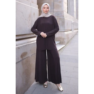 İmaj Butik Kahverengi Piliseli Sandy Tunik Pantolon Takım