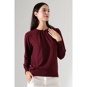 Harare Kadın Bordo Büzgülü Damla Yaka Düğmeli Örme Jakar Esnek Penye Uzun Kol Bluz & Tesettür Bluz