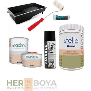 Stella Set Beyaz Boya 1lt-Siyah Mermer Efekt Sprey - Maximo Sıvı Cam