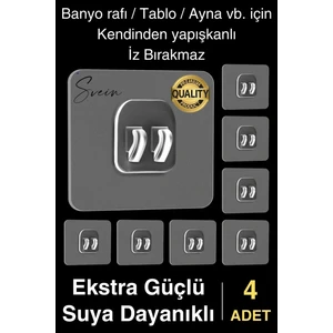 4 Ad. Ekstra Güçlü Kendinden Yapışkanlı Iz Bırakmaz Suya Dayanıklı Banyo Rafı Tablo Ayna Askı Kanca